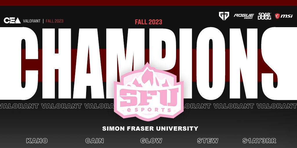 .<a href="/sfuesports/">SFU Esports Association</a> take home the Fall 2023 CEA Valorant title of champions! Congrats to the team!

Kaho - @kahoTTV 
Cain - <a href="/Cain4L/">Cain</a> 
Glow - <a href="/granbraan/">glo</a> 
Stew - @noahnval
S1ay3rr - <a href="/S1ay3rr_Val/">S1ay3rr</a> 
Lunr - @FemboyValorant