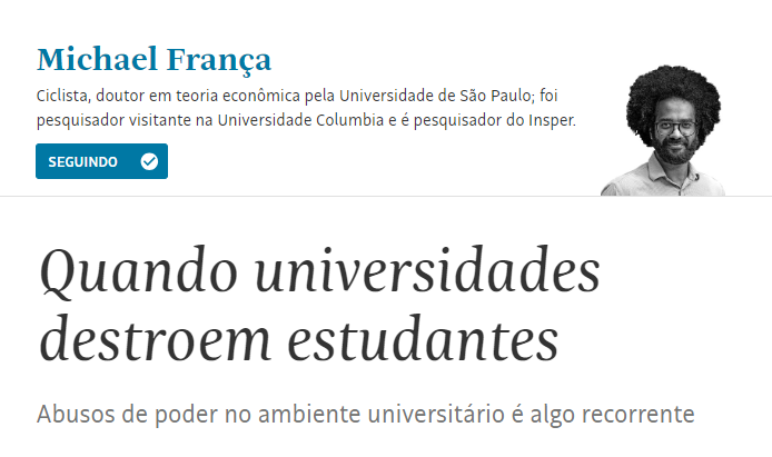 'Casos de abuso de poder no meio acadêmico são corriqueiros. Concursos para amigos, má liderança, intimidação, racismo, sexismo e até assédio sexual não são incomuns em um ambiente que deveria ser referência.' 👇🏿🧵 folha.com/286h10l9