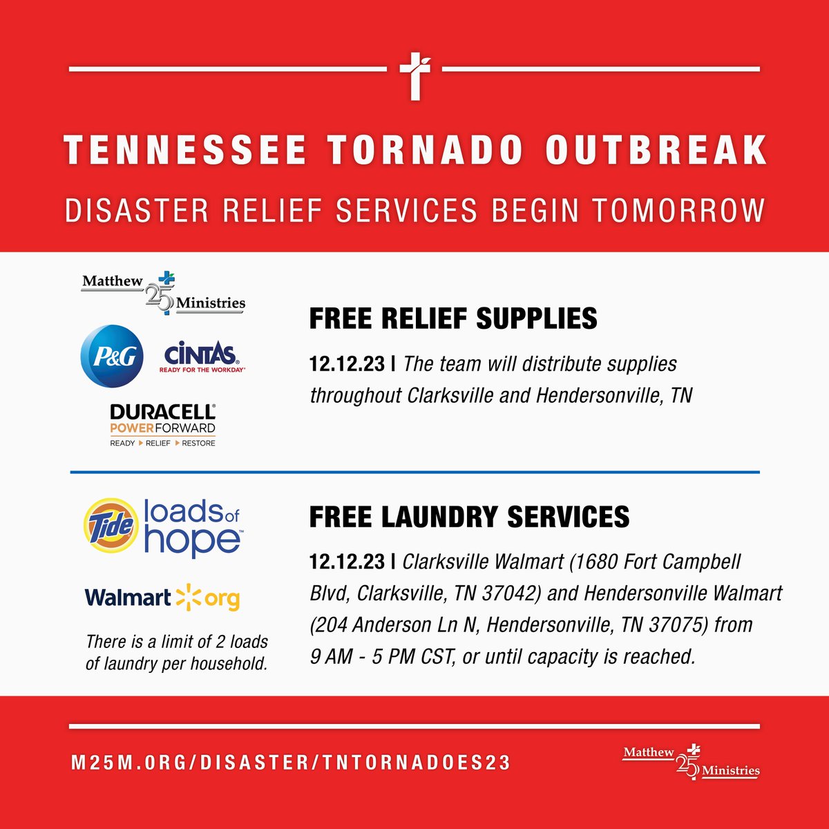 Our team will begin laundry services on 12/12 in collaboration with @ProcterGamble, @Walmart, & @Tide from 9AM - 5PM CST at Walmart (1680 Fort Campbell Blvd, Clarksville, TN 37042) & Walmart (204 Anderson Ln N, Hendersonville, TN 37075). Visit m25m.org/disaster/tntor….