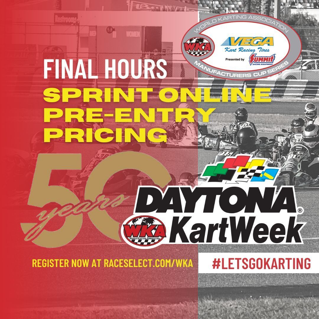 ‼️FINAL HOURS‼️ 

Sprint Pre-Entry pricing closes at 11:59pm tonight!
Walk up entry will be welcome at the track starting December 27.

Enter now at raceselect.com/wka/2024!

#WKA #DaytonaKartWeek