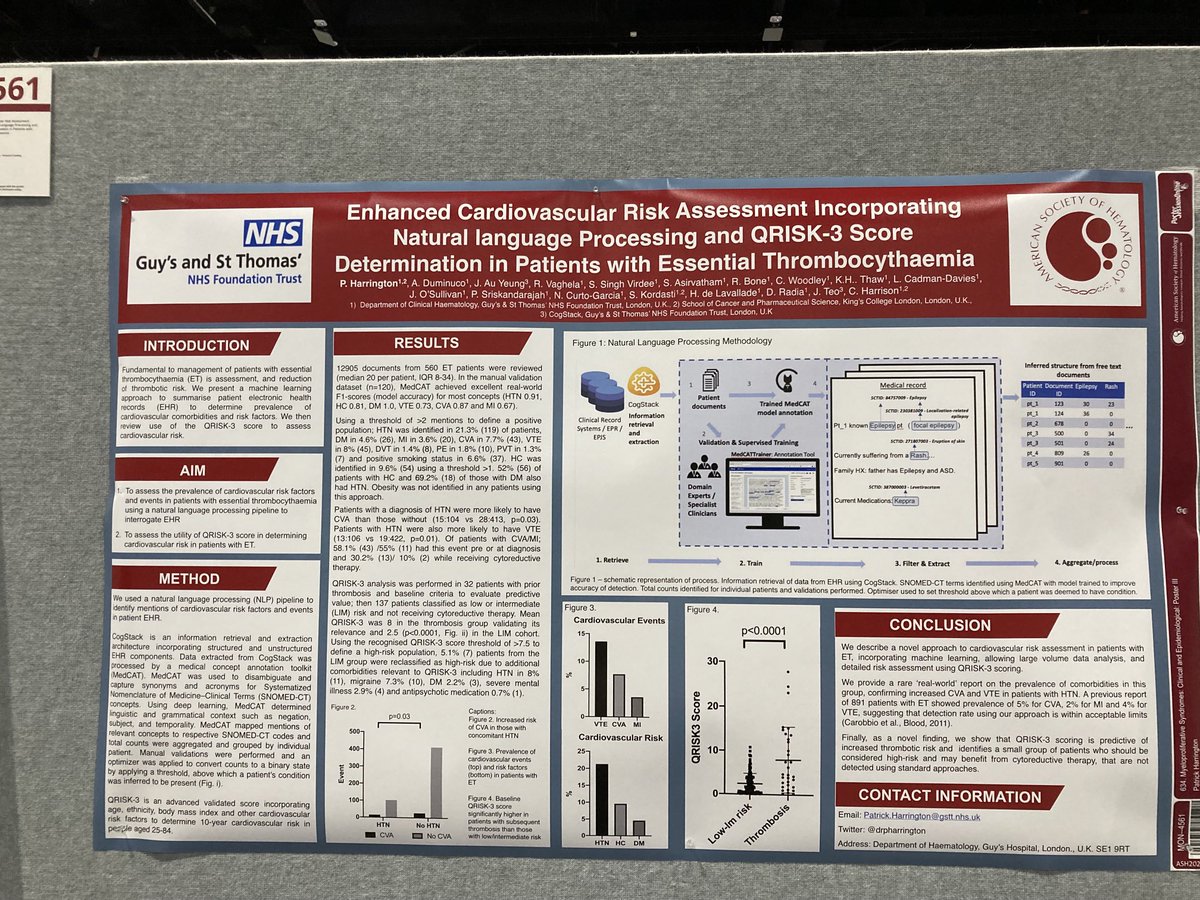 @ASH2023@MPNSM great poster from Patrick Harrington, Andrea Dumenico and the AI / cogstack team from@GSTTnhs highlighting the use of AI and the importance of QRisk 3 in CV risk ⁦@drpharrington⁩ congrats team