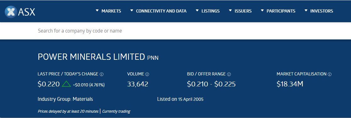 📈 Power Minerals' ( $PNN) market cap surpasses $18.34M as it welcomes Ricardo Piethé as General Manager. Watch this space for developments in the Salta Lithium Project! 

 #MarketWatch #LithiumMining #StockMarket #Investing #Stocks #Finance $RIO $NEM $PLS $EVN $IGO #ASX