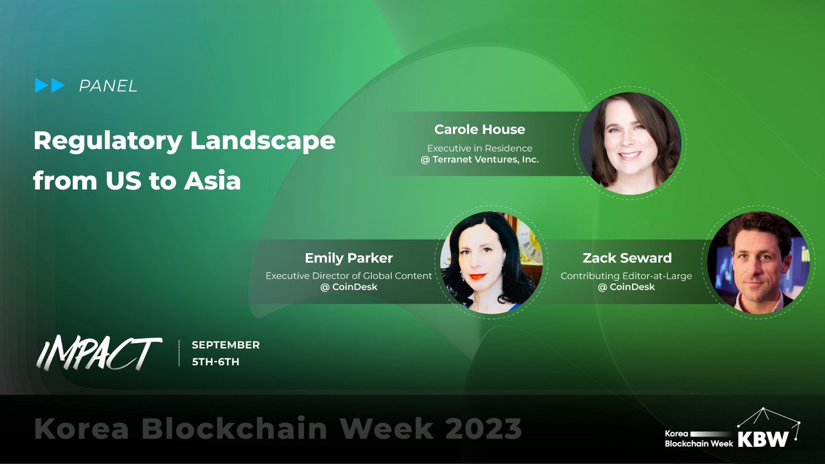 'Regulatory Landscape from US to Asia' from #KBW2023 Panel with Carole House from Terranet Ventures, Emily Parker (@emilydparker) from @CoinDesk , and Zack Seward (@zackseward) from @CoinDesk Watch full panel here: youtube.com/watch?v=GYCCnJ…