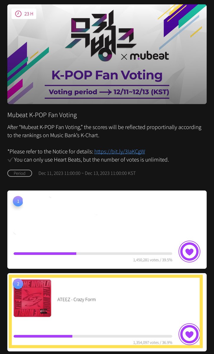 [📢] ATEEZ currently 2nd at Music Bank x Mubeat Voting. Make sure to collect your beats today/tomorrow and vote for CRAZY FORM. Let's catch up and make a big gap to others. 🗳 mubeat.page.link/6G9jB #WILL #미친폼 #Crazy_Form #ATEEZ #에이티즈 @ATEEZofficial