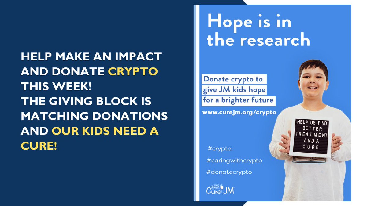 There is still time to #donatecrypto and help find a cure for Juvenile Myositis! Be one of the first to donate crypto to @curejm this giving season and @TheGivingBlock will match that donation! Thanks for looking out for our kids! #impactweek curejm.org/donate/donate-…