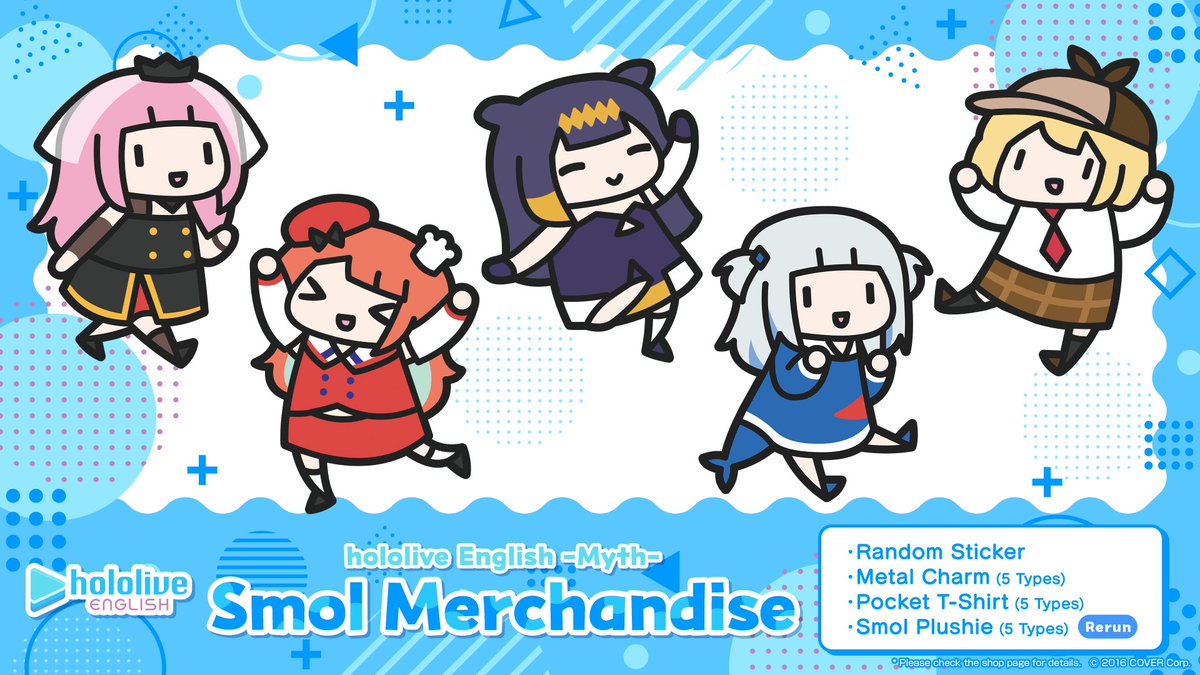 Smol merchandise for hololive English -Myth- continues!🎉 The lineup includes random stickers, charms, and T-shirts, and a rerun of the plushies!✨ Check it out along with 'hololive Collection'🙌 🛒 shop.hololivepro.com/en/products/ho…