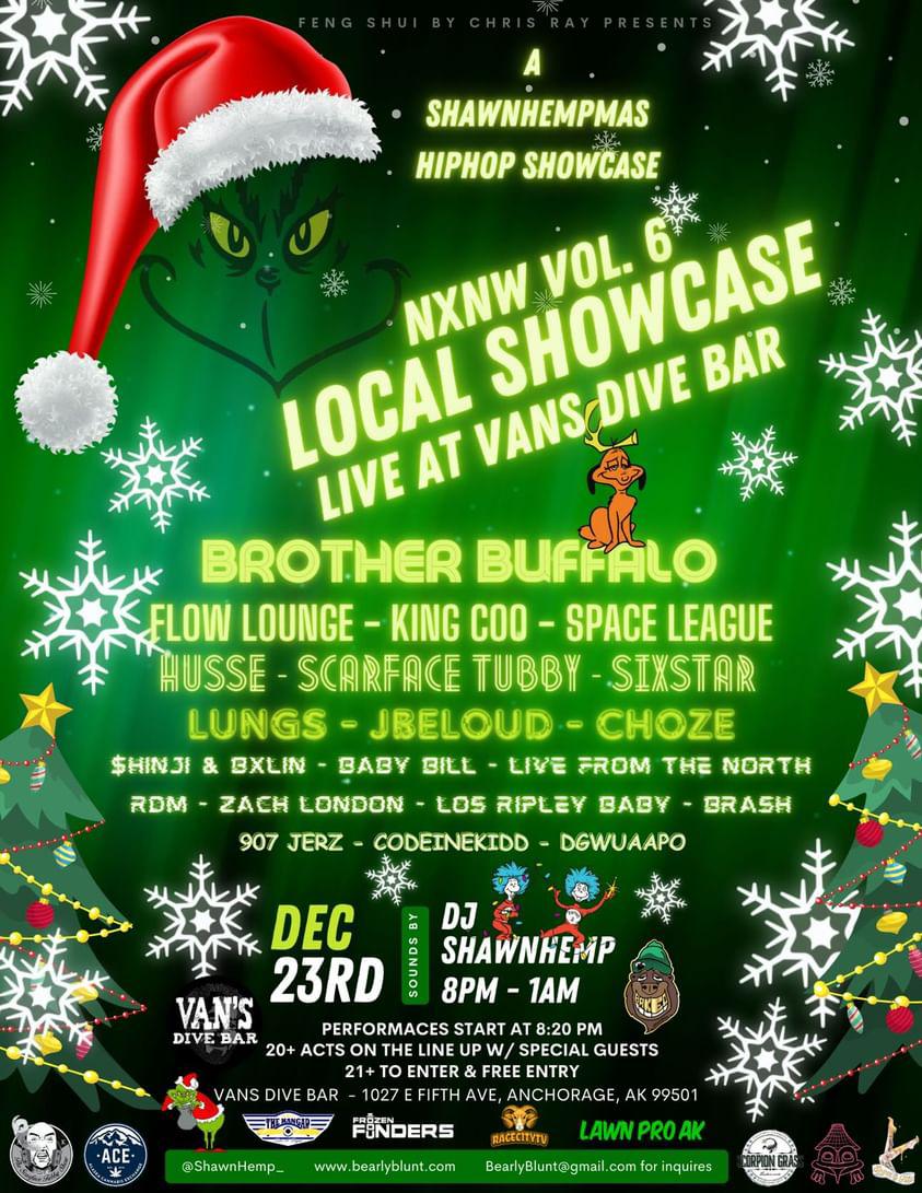 kevinxthexbrain's tweet photo. Light up some tree and buy someone something expensive, then make your way to Van's cause we rapping like Christmas presents. NXNW is on the 23rd. Start Christmas early this year with some dope raps and good company! @shawnhemp_ @bearlyblunt #nxnw #vansdivebar #christmas #hiphop https://t.co/bbkVF8xtjc