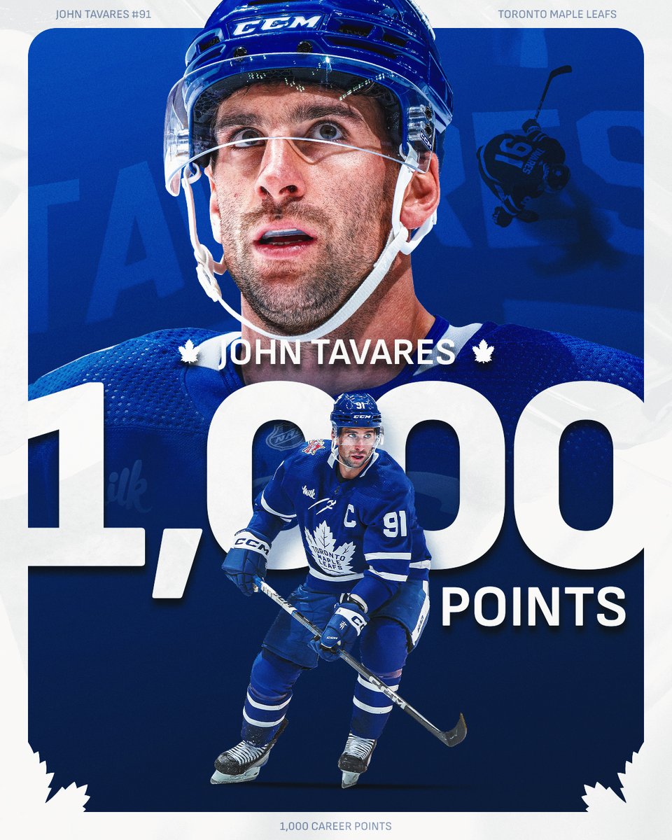 NHL's tweet image. THERE IT IS 🍁 

John Tavares (@91Tavares) is your newest member of the 1,000-point club!