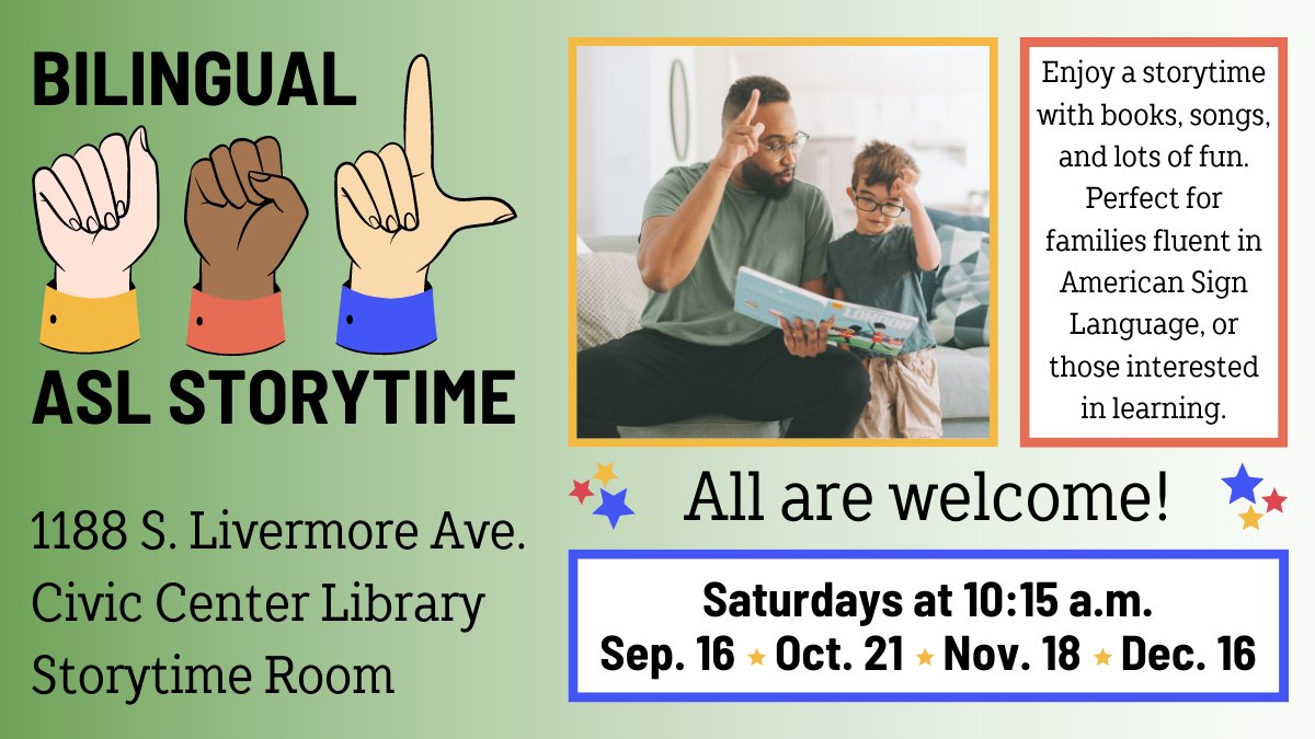Sat. Dec 16, 2023, we've an inclusive #ASLStorytime the youngsters. Held at 10:15 a.m. in Storytime Rm @ #CivicCenterLibrary - 1188 S. Livermore Ave, #Livermore, CA. All learners welcome! 🤟🤟🏻🤟🏼🤟🏽🤟🏾🤟🏿
#AmericanSignLanguage storytime w/ books & songs. Learners welcome!