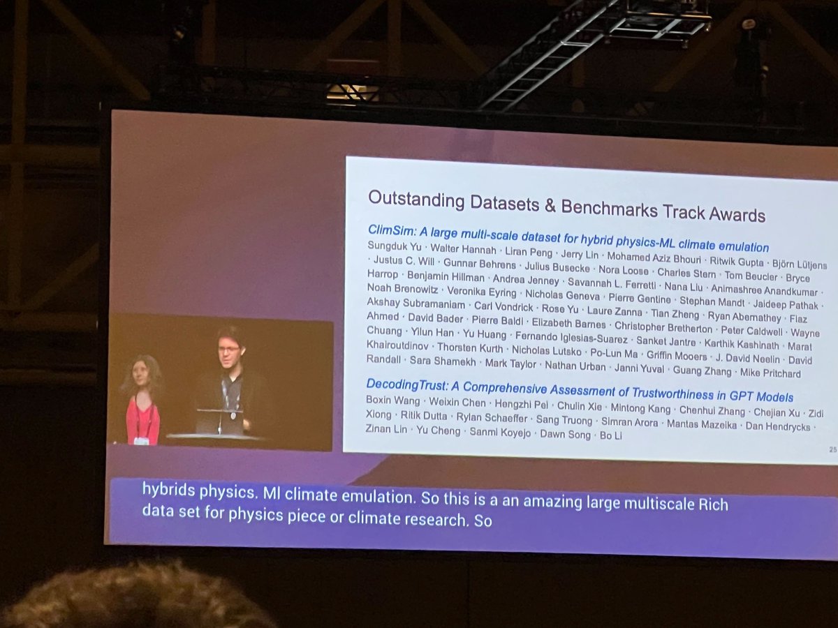 Meanwhile, @NeurIPSConf, ✨ClimSim won the Outstanding #Datasets & Benchmarks Track Award!✨ 🎉 Congratulations to @SungdukYu for taking the lead on this important paper! Hear him talk about #ClimSim on WEDNESDAY Dec. 13th @ 1:45p (CDT) + peep his poster from 3-5p (CDT). (1/4)