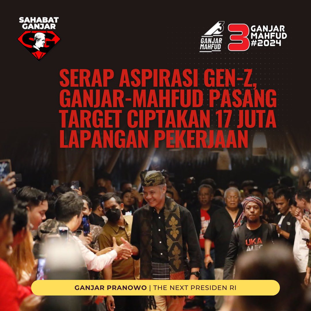 Official_SAGA_'s tweet photo. Serap aspirasi Gen-Z, Ganjar-Mahfud pasang target ciptakan 17 juta lapangan pekerjaan.
#GanjarMahfud #ShopeeLiveMotorMobil12RB GanjarMahfud Anti Korupsi #NCTDREAMxHOT995JingleBall https://t.co/gwp5dbrjUy