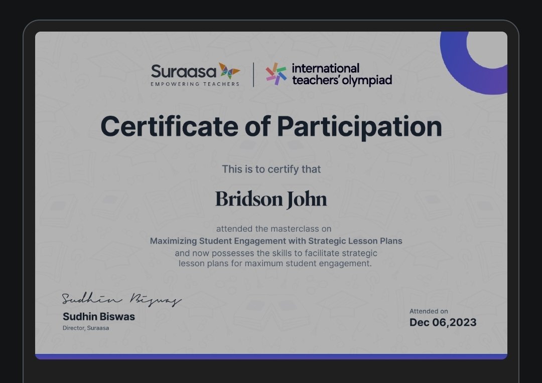 bridsonjohn's tweet photo. I am happy to share I recently attended a Suraasa Masterclass on “Maximizing Student Engagement with Strategic Lesson Plans” and got my certificate! Got to learn from International teacher mentors &amp; connect with fellow teachers from around the globe. https://t.co/Gb00hMLjqa