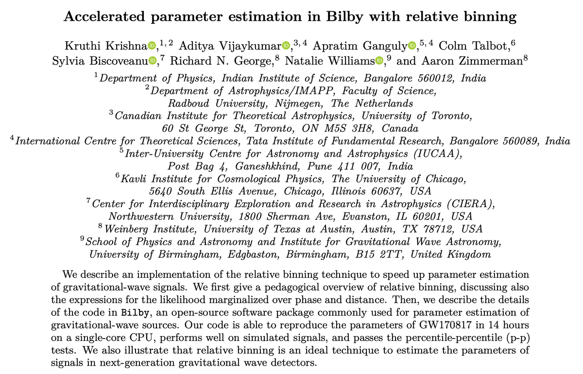 alsogoesbyV's tweet photo. Want to estimate parameters of GW signals in a short time on your laptop? Check out the implementation of relative binning (Cornish 2010, Zackay+ 2018) in bilby led by @KruthiKrishna24! Neutron star params in a few hours (takes weeks otherwise)!

Paper: https://t.co/xfTNEXzh8d https://t.co/Vrp1jqiBOK
