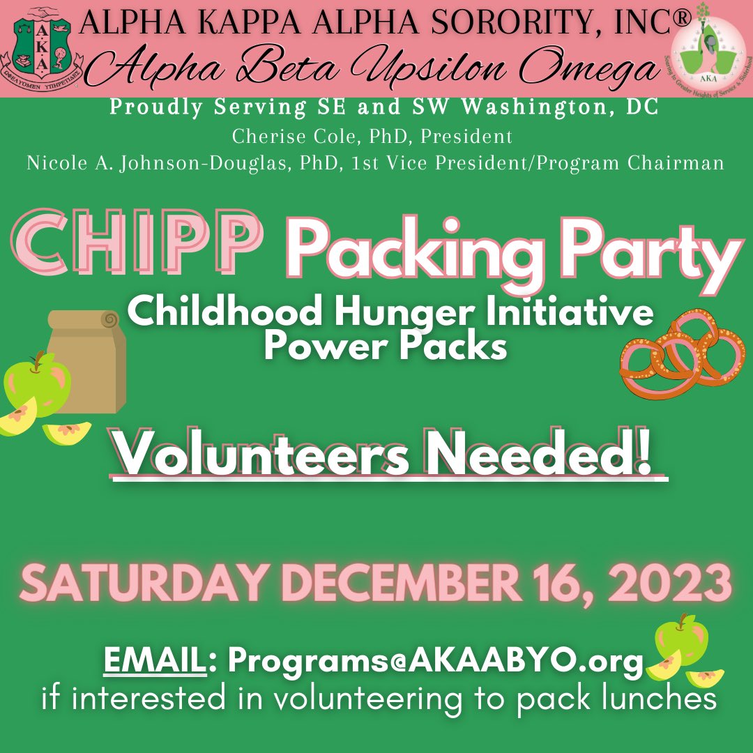 Join the packing party again! 

Are you interested in helping us pack lunches 🍏 for elementary school students in our local community THIS Saturday? 

Email us at Programs@AKAABYO.org and let us know! @akasorority1908 @AKANARegion 

#AKA #AKAABYO #childhoodhunger #volunteers