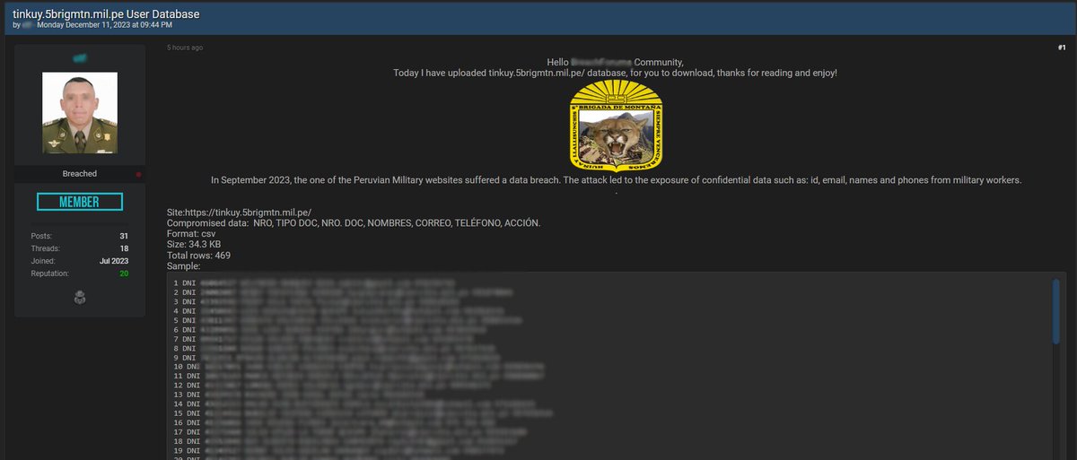 🇵🇪#Perú: Supuestamente un Usuario en foro hacking filtra una base de datos de un sitio militar del Perú, Quinta Brigada de Montaña,<a href="/EjercitoPeru/">Ejército del Perú</a>, <a href="/MindefPeru/">Mindef Perú</a>.