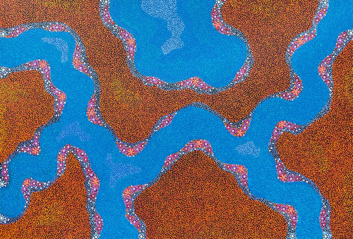 When the desert creeks flow - Desert Riverbed Country, Andrew Tjupurrula Highfold, 88x60 cm, Jap 022124, seen on the Artists page at Japingka japingkaaboriginalart.com/collections/an… #contemporaryart #aboriginalart #indigenous