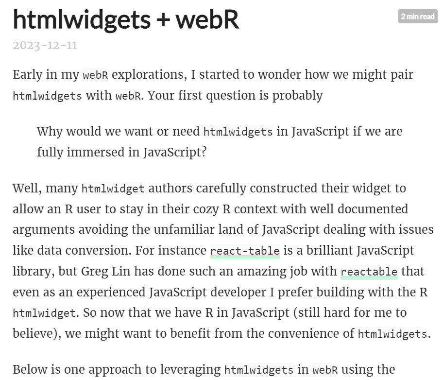 timelyportfolio's tweet image. experimenting with how we can get #rstats #htmlwidgets in #webr... this post creates a reactable in webr and then builds the widget
jsinr.me/2023/12/11/htm…