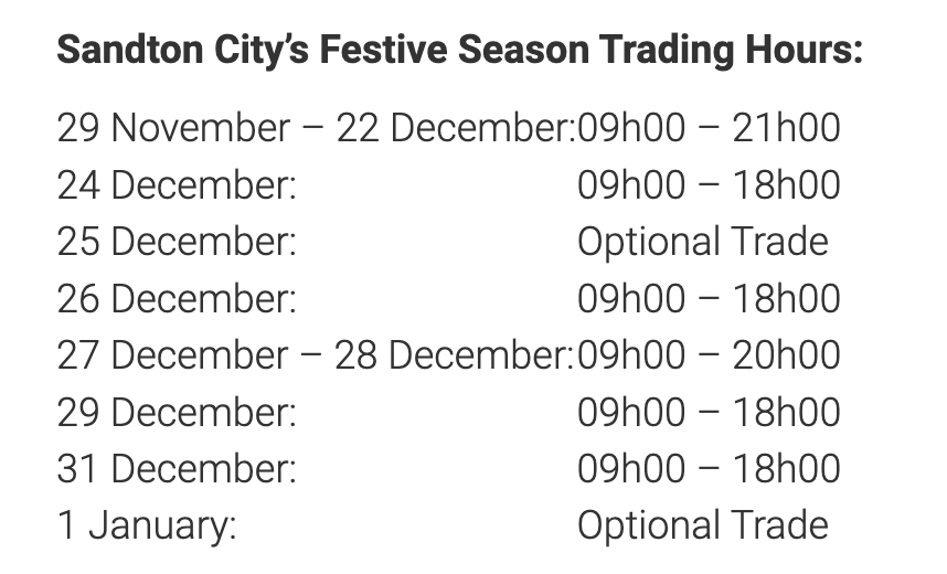 ClareRabbit's tweet photo. @SandtonCity I was in Sandton City yesterday evening and the shops are not open until 21h00!?!? Woolworths was open but other shops closed at 19h00. https://t.co/SU4dJQKQcQ