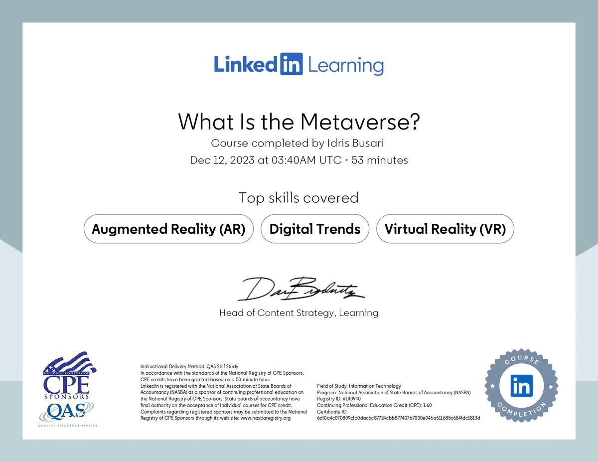 Just finished the course, #WhatIstheMetaverse? Check it out:
linkedin.com/learning/certi…
#DigitalCredentials #DigitalBadges #DigitalCertificates #SkillsRecognition #LifelongLearning #Education #CareerAdvancement #ProfessionalDevelopment #FutureOfWork #LinkedInLearning #MetaverseiDris