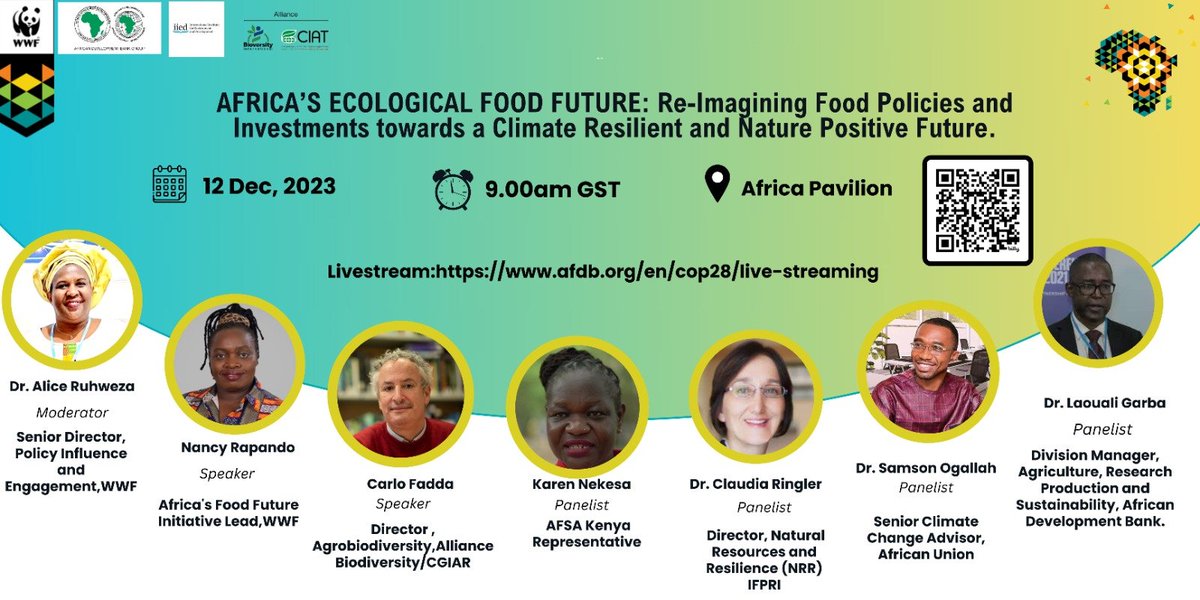 One last side event at #COP28 today... join us at 9am for the launch of a new paper on how to achieve food security in 🌍Africa while delivering climate and nature goals. READ🧾wwf.panda.org/?10404391/AFRI… @CGIAR @BiovIntCIAT_eng @AfDB_Group @IFPRI @aruhweza
