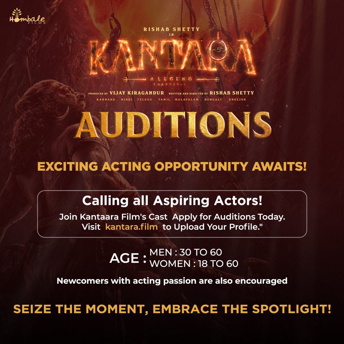 Step into the Spotlight! #KantaraChapter1 Auditions Open – Apply at kantara.film for Your Shot at Fame. Shortlisted talents will be called for in person auditions. #Kantara @shetty_rishab @VKiragandur @hombalefilms @HombaleGroup @AJANEESHB @Banglan16034849…