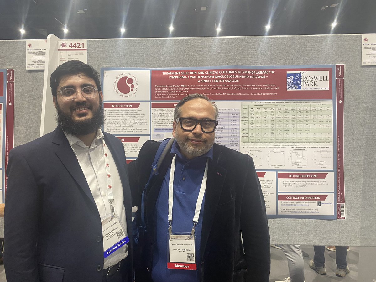 #ASH23 Thank you to my amazing mentors <a href="/Matt_Cortese/">Matthew Cortese, MD, MPH</a> <a href="/Francis77605164/">Francisco Hernandez</a> <a href="/PaulRubinstein4/">Paul Rubinstein</a>  and colleagues for visiting my poster and show support! <a href="/RoswellHemOnc/">Roswell Park Hematology/Oncology Fellowship</a> #lymsm