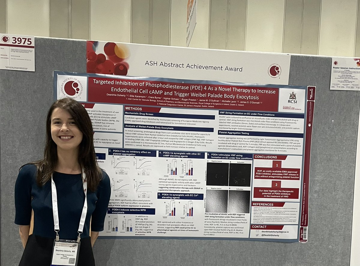 Delighted to present my PhD research identifying PDE4 inhibitors as a potential novel therapy for von Willebrand Disease at #ASH2023! @ICATProgramme @RCSIPharmBioMol @ProfJSODonnell