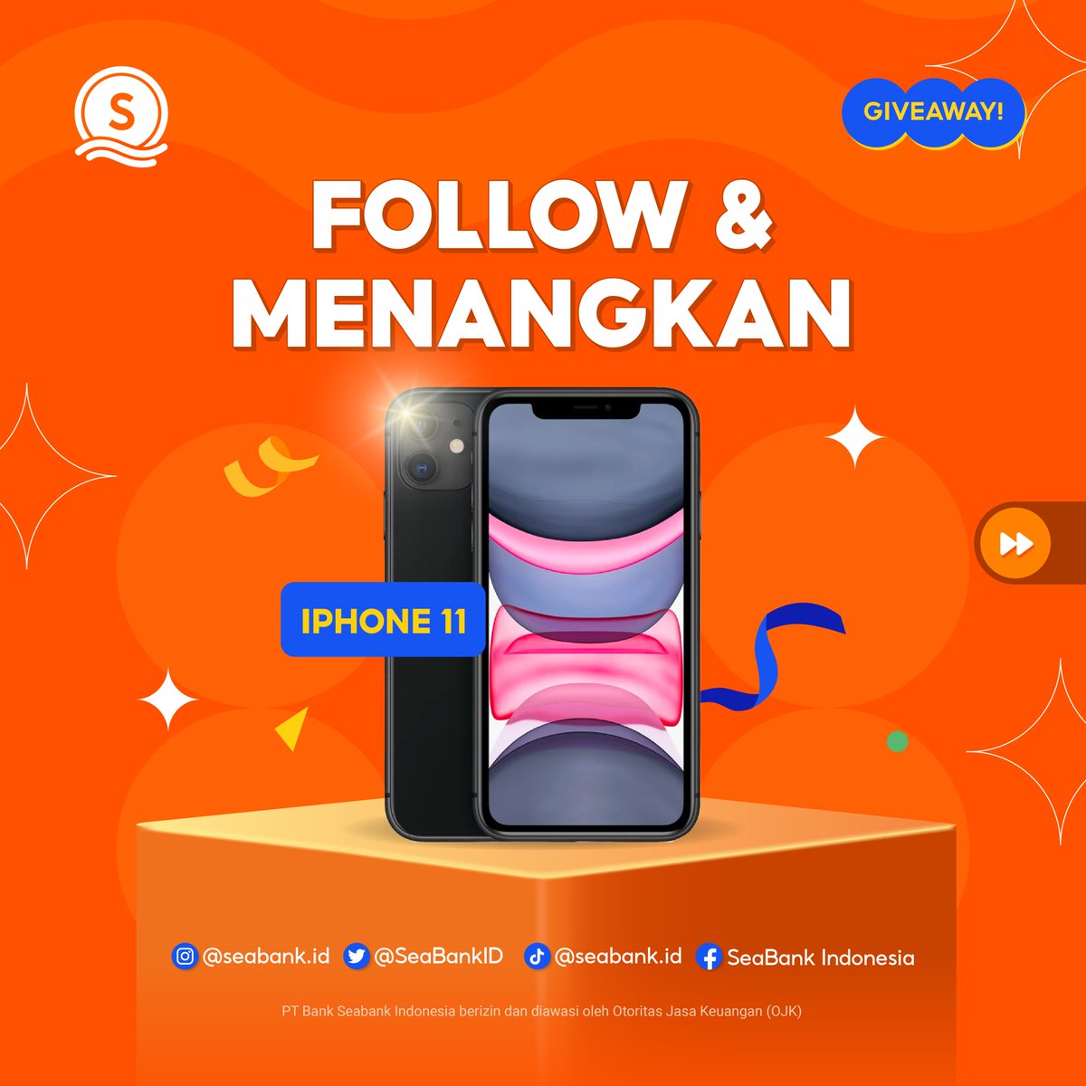 SeaBankID's tweet photo. FOLLOW &amp; MENANGKAN IPHONE 11🎁📱

Dicari pemenang dengan kriteria 🔍:
1. FOLLOW atau LIKE semua kanal resmi SeaBank
2. LIKE tweet ini
3. RT &amp; REPLY dengan “#LebihUntungdiSeaBank” serta username IG, FB, TikTok dan Twitter-mu

Syarat &amp; ketentuan lebih lengkap di slide ke 2 ya 🧡~ https://t.co/cho7KEpmPP