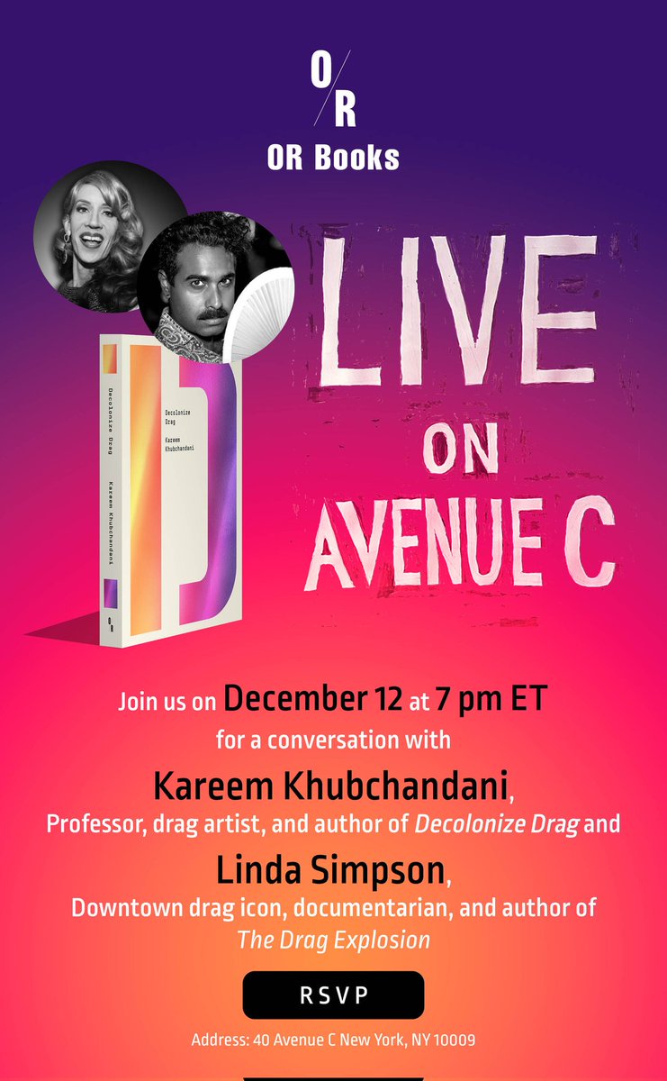 Join me and the absolutely phenomenal Linda Simpson to talk drag, politics, and publishing today Tuesday Dec 12 at Francis Kite Club in NY's LES (40 Loisaida Ave) at 7pm. Tunes by DJ Varoon. Hosted by @orbooks . Bring friends!