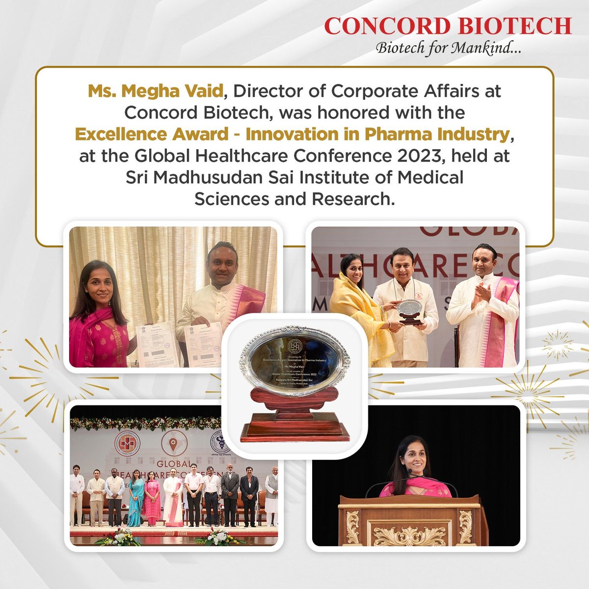 Ms. Megha Vaid, Director of Corporate Affairs at Concord Biotech, honored with the Excellence Award for Innovation in Pharma at the Global Healthcare Conference 2023, at Sri Madhusudan Sai Institute of Medical Sciences and Research. 

#SriMadhusudanSai #globalhealthconference