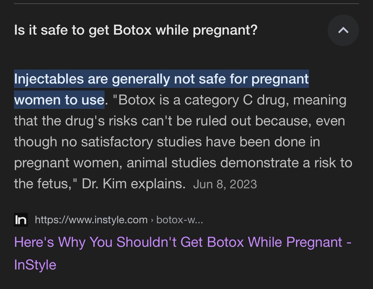 Never forget how blatantly and shamelessly they lied to you: 

Pregnant women are not even supposed to get Botox, yet they approved the experimental Covid vaccine for pregnant women, and then marketed it to them. 

“Injectable’s are not generally safe for pregnant women to use”