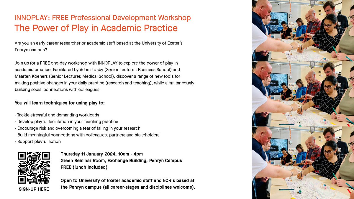 💡FREE WORKSHOP 💡Are you an early career researcher or academic staff <a href="/UniExeCornwall/">University of Exeter, Cornwall</a> ? Join the INNOPLAY team for a 1 day professional development workshop exploring the power of play in academic practice! 11 Jan, 10am - 4pm buff.ly/4adAXlB