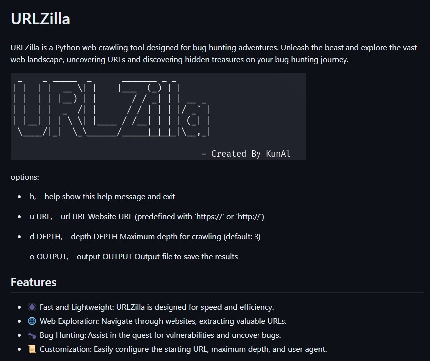 0xKunAlx0's tweet photo. I'm thrilled to share my latest project, 
URLZilla – a Python web crawling tool designed for bug hunting adventures!
https://t.co/5v3gaTnLaU

#bugbountytip #bughunting #bugcrowd #urlzilla #tools https://t.co/mry6qYqxu5