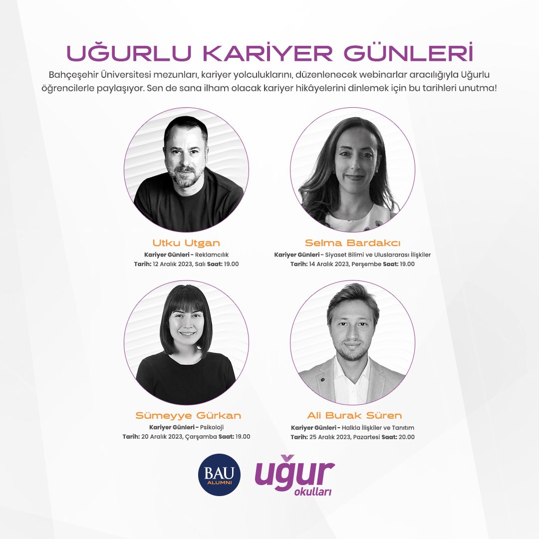 UgurOkullari's tweet photo. Uğurlu öğrencilerimizin ilham almalarını sağlayarak meslek seçimlerine destek olmak amacıyla gerçekleştirdiğimiz Kariyer Günleri etkinliklerimiz Aralık ayı programıyla devam ediyor!🚀
 
Alanında deneyimli profesyoneller ile tanışarak hedeflerinize dair merak ettiklerinize yanıtlar bulacağınız etkinliklerimizi kaçırmayın.🙌🏻

#UğurluOlmak