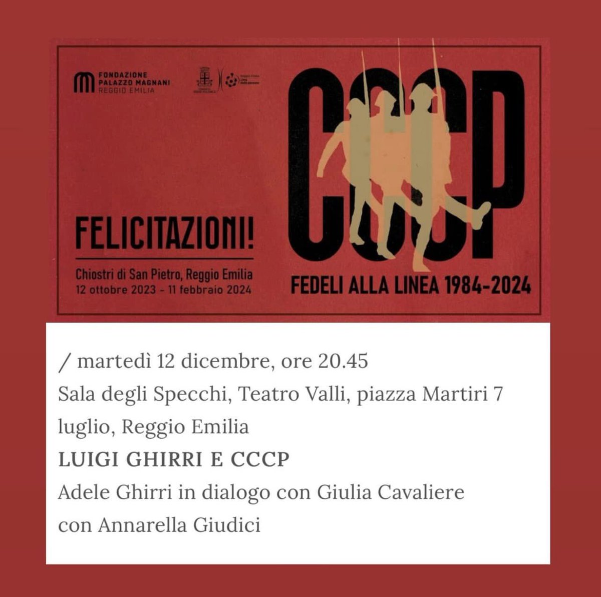 Oggi a Reggio Emilia nella bellissima Sala degli Specchi del Teatro Valli dialogo con Adele Ghirri su #LuigiGhirri x #CCCP all'interno della rassegna 'Danni Collaterali' connessa alla mostra dedicata alla storia della band ai Chiostri di San Pietro. Ore 21, qui: