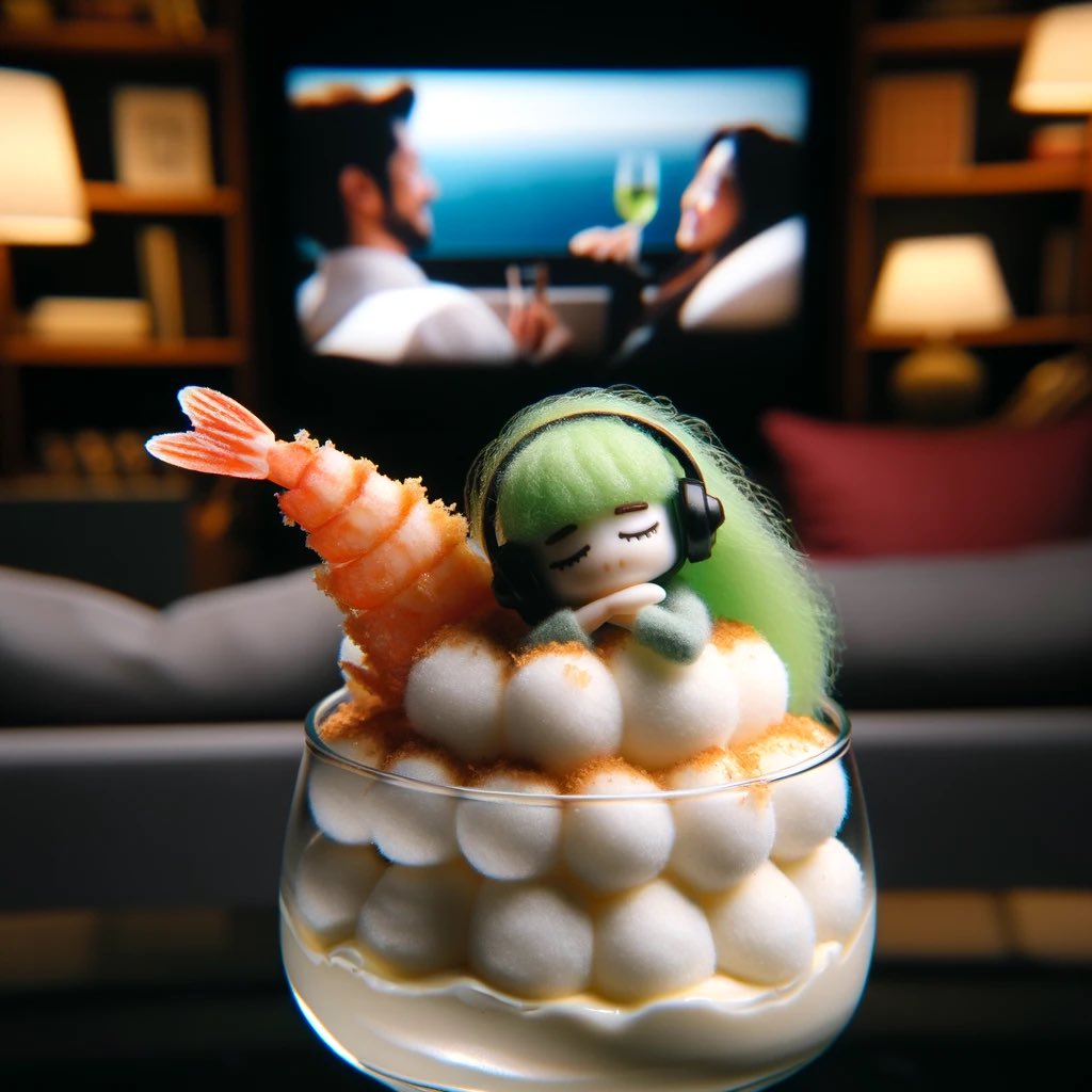 srcruiser's tweet photo. 「綿飴みたくもこもこしてて、海老天の尻尾が生えたムースの上でテレビを見ながら暗いリビングでウトウトしてる、黄緑色の長髪の女の子」を #DALLE に🖼️🖌️🤖#AI画像生成 で描かせたら🍚持つ手も🤍っぽくて🌿#草 生えたわし😹
#AIart #utaite #fanart #lookatmeee #AIイラスト #AI美女 #AI画像 #AI絵師 https://t.co/gbi6qgS97z