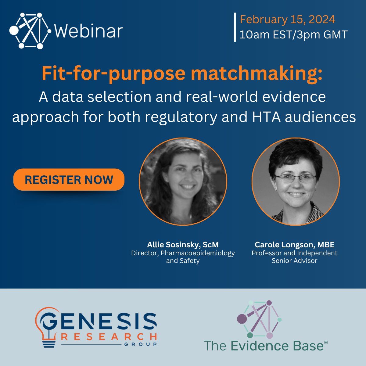 NEW WEBINAR ALERT from <a href="/TheEviBase/">The Evidence Base</a> 

Register: bit.ly/46TJTJQ

Fit-for-purpose matchmaking: A data selection and RWE approach for both regulatory and HTA audiences

@GenesisHeor