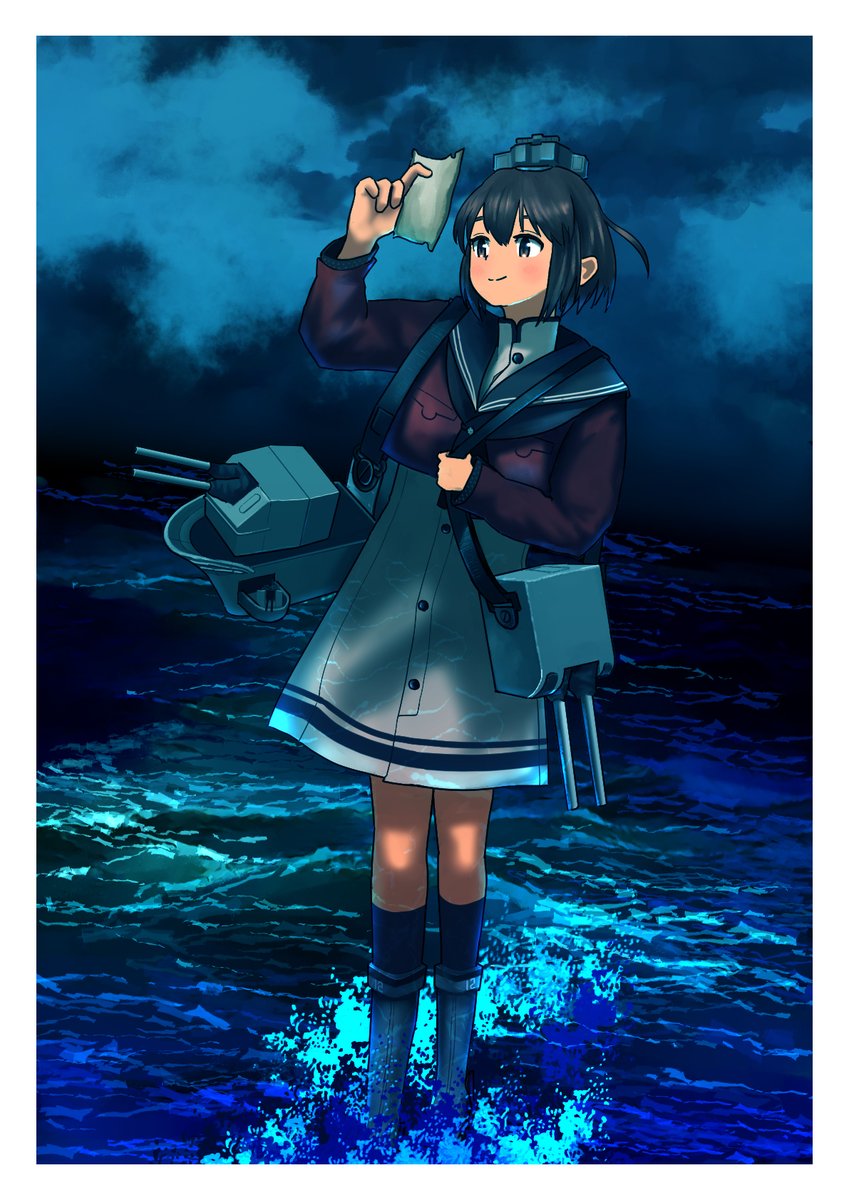 yukikaze (kancolle) 1girl short hair solo dress sailor collar ocean black hair  illustration images