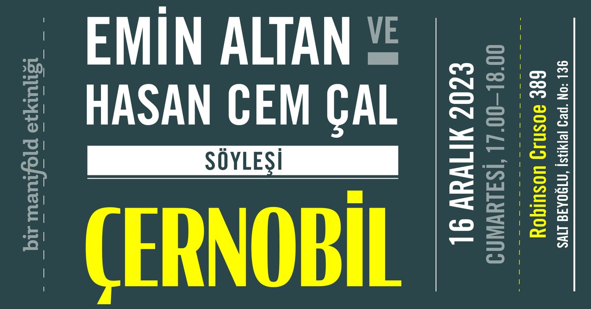 Emin Altan @meminaltan ve Hasan Cem Çal @hasancemcal bu Cumartesi [16.12.23] saat 17’de Salt Beyoğlu’ndaki Robinson’da Çernobil fotoğraf serisi ve kitabını konuşacak. Gelin @rob389’da buluşalım.