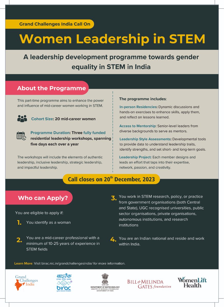 Application for Grand Challenges India call on Women Leadership in STEM closes soon. Be a part of the fully-funded leadership development program by GCI @BIRAC_2012 and @womenlifthealth. 📢Application closes on 20th December, 2023 Apply at: birac.nic.in/desc_new.php?i…