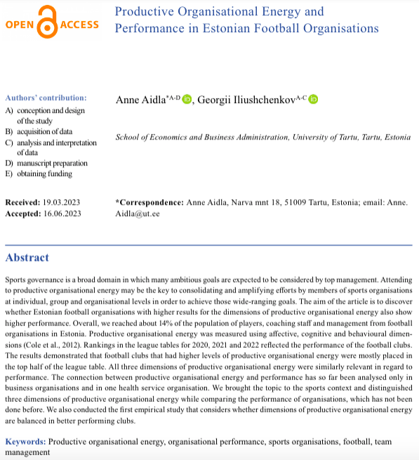PCSSR1's tweet photo. Productive Organisational Energy and Performance in Estonian Football Organisations is available online! 👇

💻 Open access: https://t.co/4sELdfODCN

Productive organisational energy, organisational performance, sports organisations, football, teammanagement https://t.co/O71PxOX3Xe