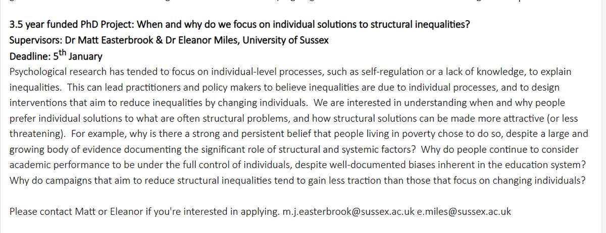 Eleanor Miles and I are encouraging applications for a PhD project investigating 'when and why people focus on individual solutions to structural inequalities'. Deadline for apps is 5th Jan. Please spread the word and get in touch if you're interested! sussex.ac.uk/study/phd/degr…