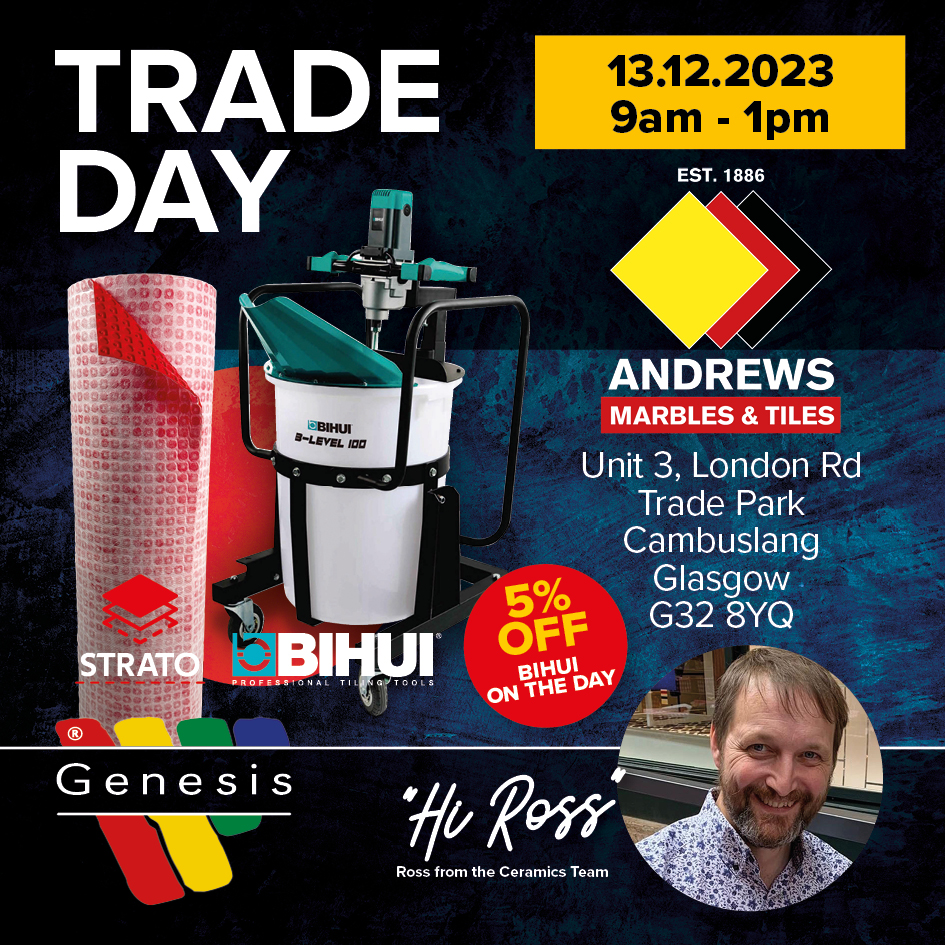 Join Ross at <a href="/Andrews_Tiles/">Andrews Tiles</a> in Glasgow and get 5% off BIHUI products!
Date: 13.12.23
Postcode: G32 8YQ
#genesisglobalsystems #fortheperfectfinish #andrewstiles #ceramics #BIHUI