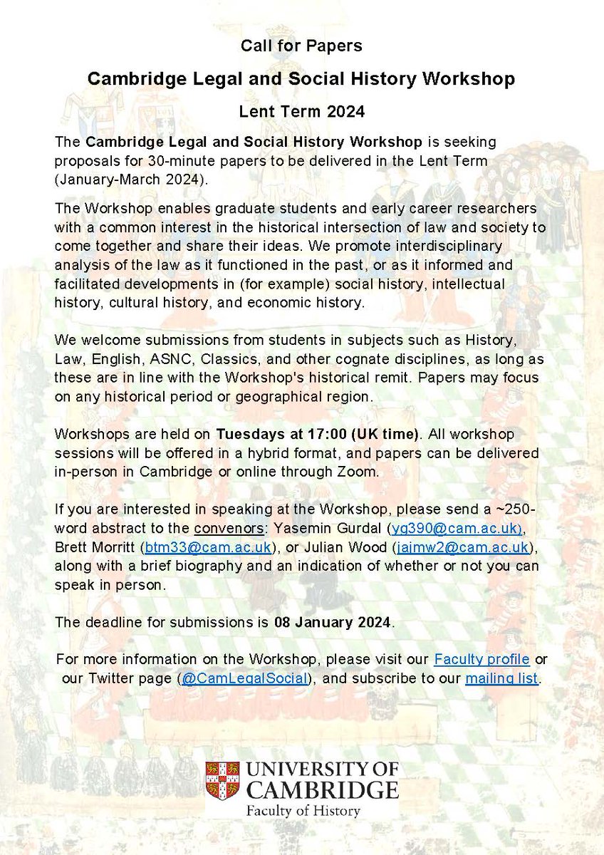 Calling all #Twitterstorians📢Our Lent Term #CfP has arrived under the Christmas Tree! 🎄👇 Inviting papers from any graduate student or #ECR studying #legalhistory and #socialhistory, each broadly defined and from any place/period! Deadline 8 Jan - see below for more details!