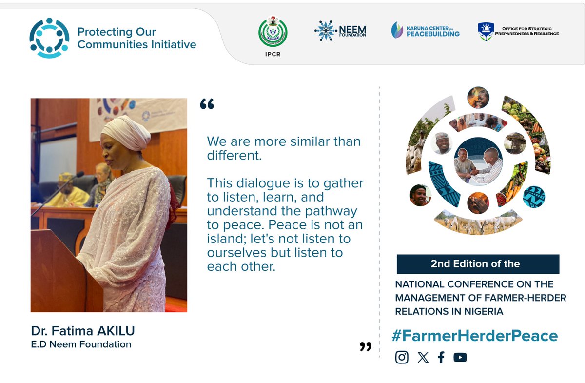 Golden words from our Executive Director Dr. Fatima Akilu at the ongoing National Conference on Farmer-Herder Relations in Nigeria #FamerHerderPeace. Join the conversation with the Hashtag #FamerHerderPeace