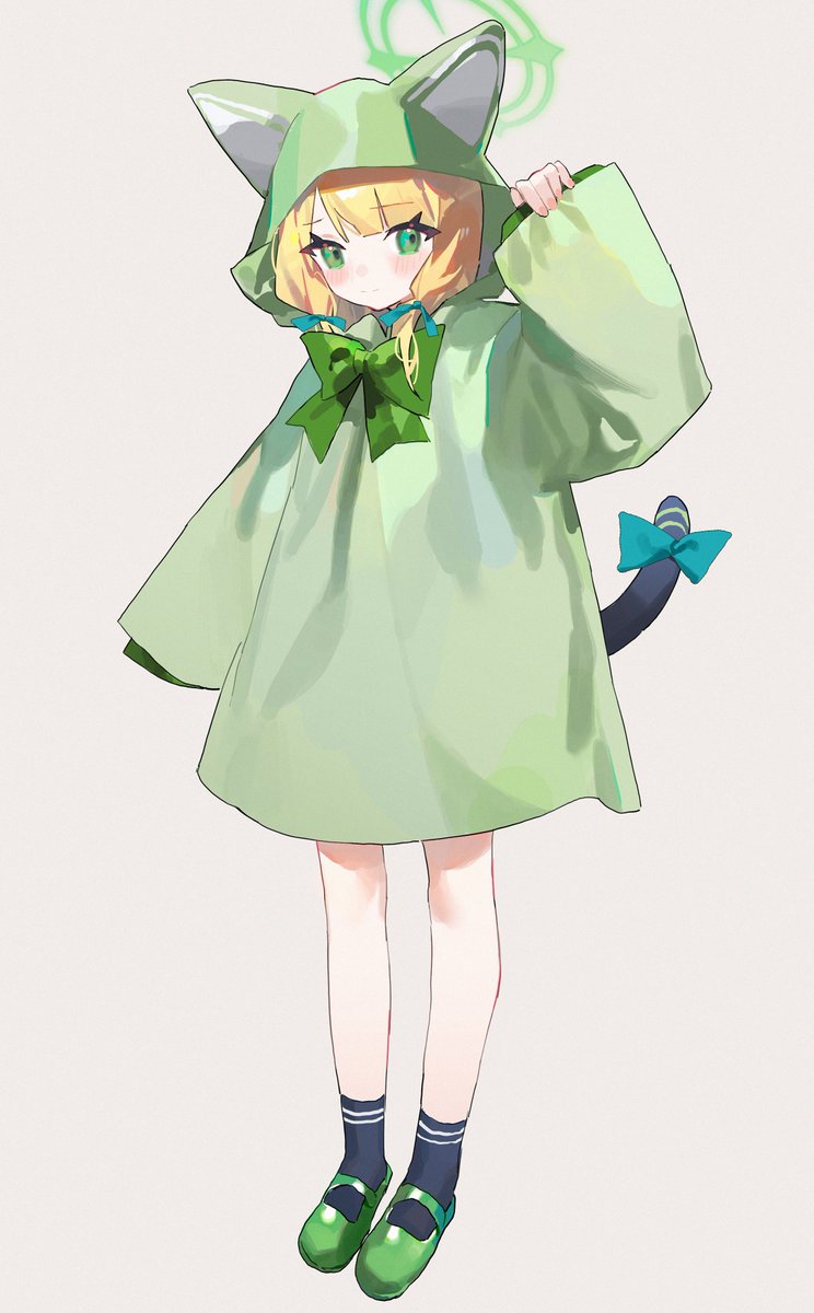 midori (blue archive) 1girl solo green eyes blonde hair halo tail hood  illustration images