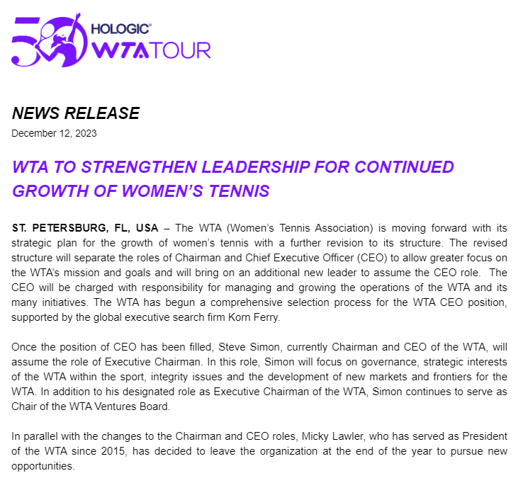 Big news: Major shakeups at top of WTA executive leadership after a rocky season, with a replacement being sought at CEO for Steve Simon, who had served in the role since 2015. Simon will shift to role of executive chairman. WTA President Micky Lawler also leaving the WTA.
