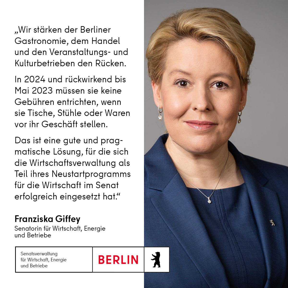 👍Zum Aussetzen der Sondernutzungsgebühr für öffentliches Straßenland in 2023 und 2024 sagt Wirtschaftssenatorin @FranziskaGiffey : „Wir stärken der Berliner Gastronomie, unserem Handel und den Veranstaltungs- und Kulturbetrieben den Rücken. 1/5