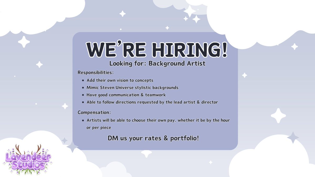 ✨LOOKING FOR BACKGROUND ARTIST✨
We're currently looking for background artists willing to work in a team to create backgrounds for our Visual Novel! Work will be divided between members: lining, flats &amp; rendering!

DM us your rates &amp; portfolio if interested!