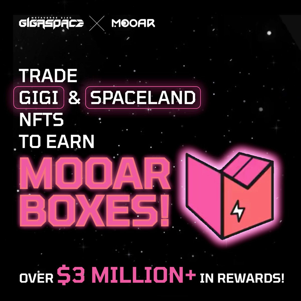 Trade GIGI & SPACELAND NFTs on @mooarofficial and unlock #MOOARBox rewards! 📦 The more you trade, the better your chances at premium rewards 🚀. Start trading on mooar.com today! Stay tuned for extra exciting incentives from GigaSpace coming your way soon! 👀